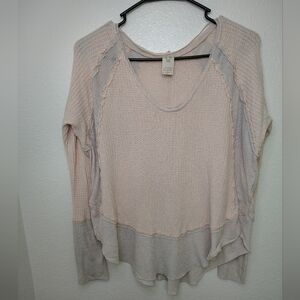 We The Free Tan and Pink WaffleKnit Thermal Asymmetrical Long Sleeve Blouse Sz S